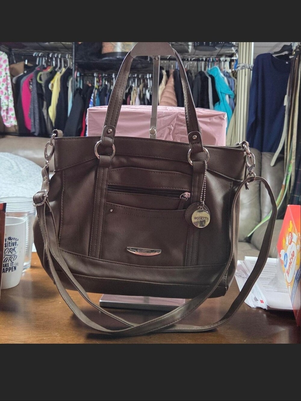 Rosetti Brown Leather-Style Tote with Shoulder Strap